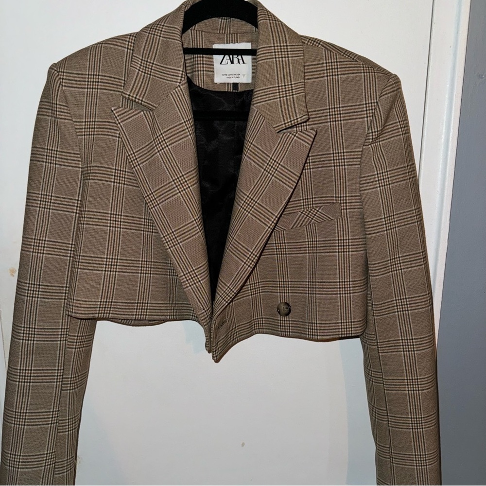 Zara Brown Plaid Cropped Jacket